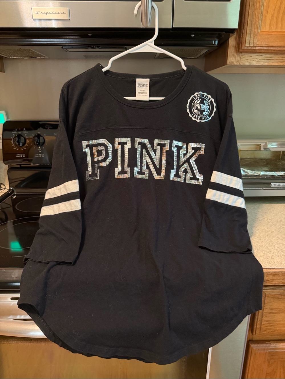 PINK Victoria's Secret Black Women’s Long Sleeve Tee with Silver Stripe Detail